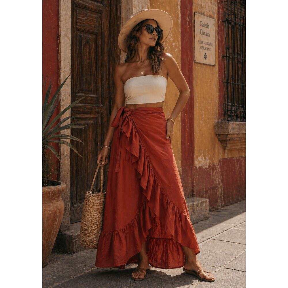 New Wrap Ruffle Skirt – Full Length Red Boho Maxi Skirt – Adjustable Tie Waist